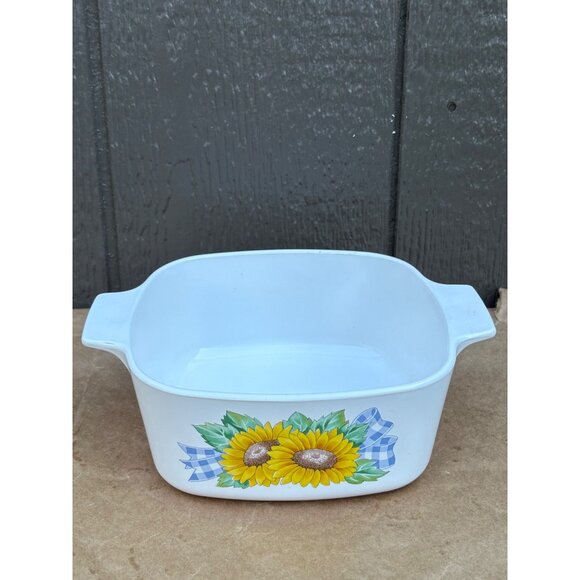 Vintage Sunsations Corning Ware Ceramic Baking Dish Sunflower Blue Gingham 1.5 L - Picture 4 of 9